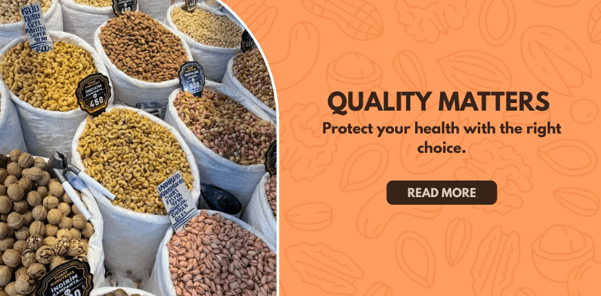 risks of cheap dry fruits shown by poor-quality nuts and damaged packaging